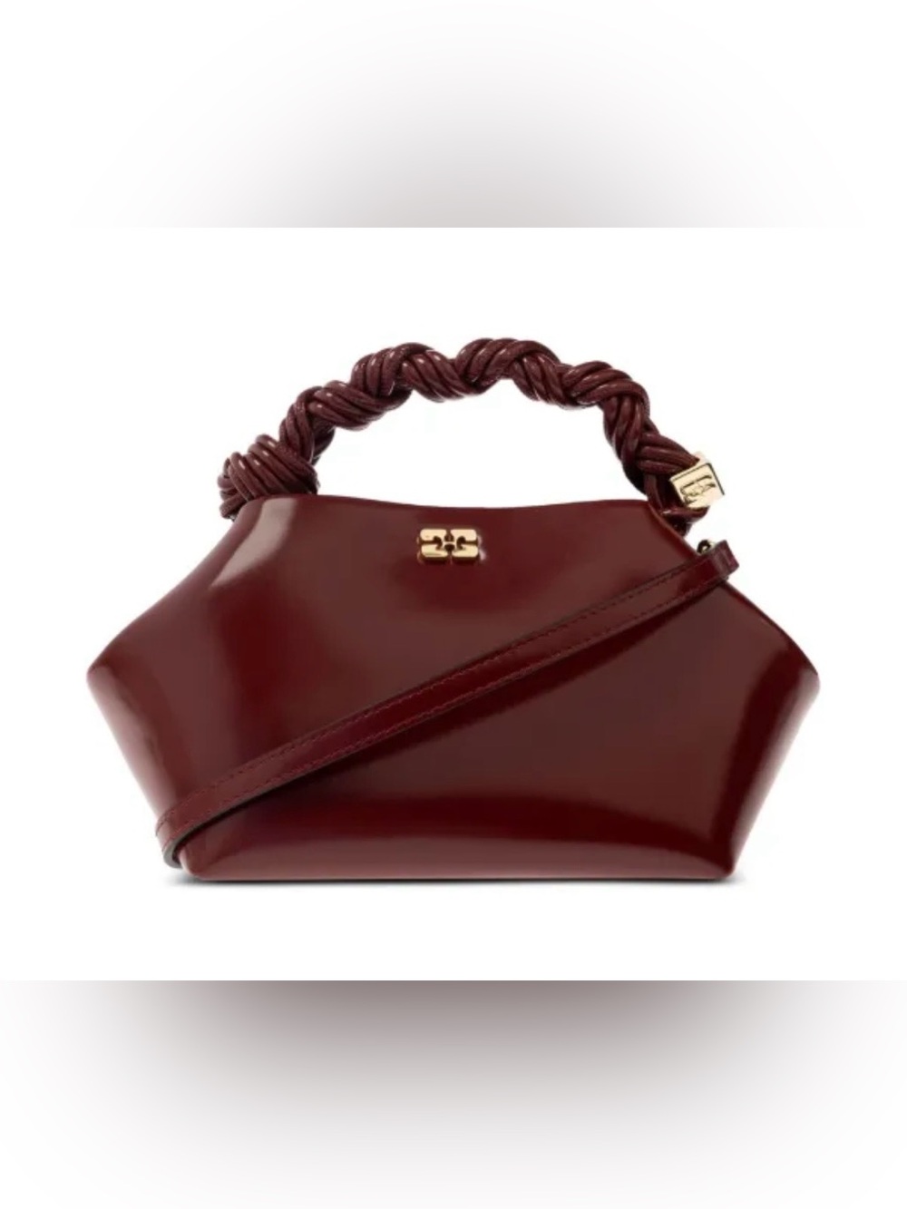 Ganni Burgundy Twisted-Handle Shoulder Bag with Gold Hardware